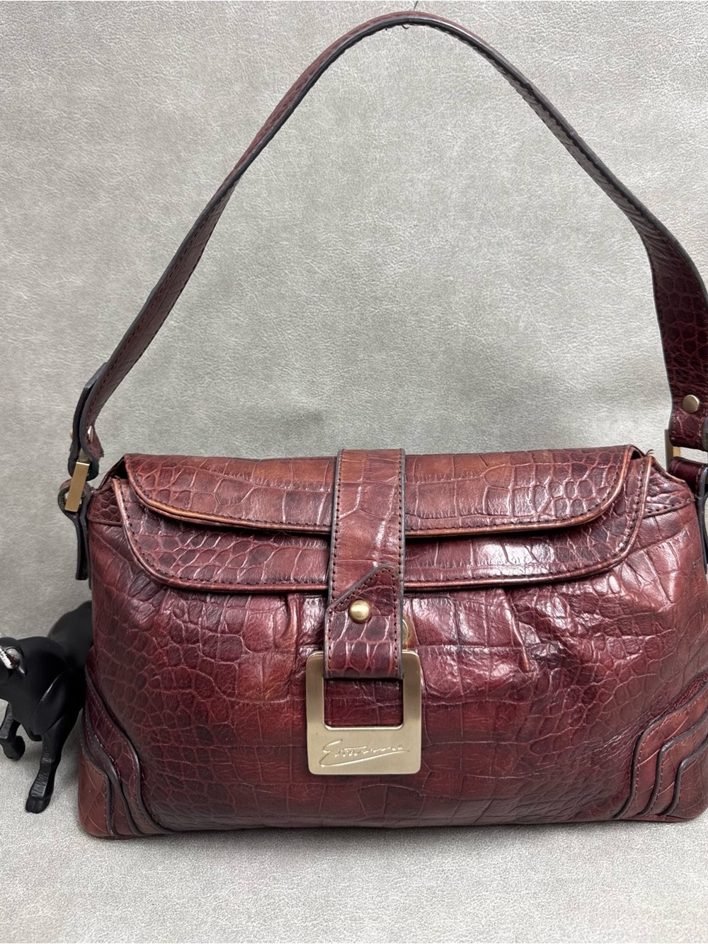 Ermanno Scervino Burgundy Croc-Embossed Leather Shoulder Bag